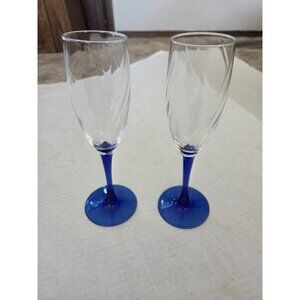 Vintage Cobalt Blue Stem Champagne Flute Wine‎ Glasses 8.25"